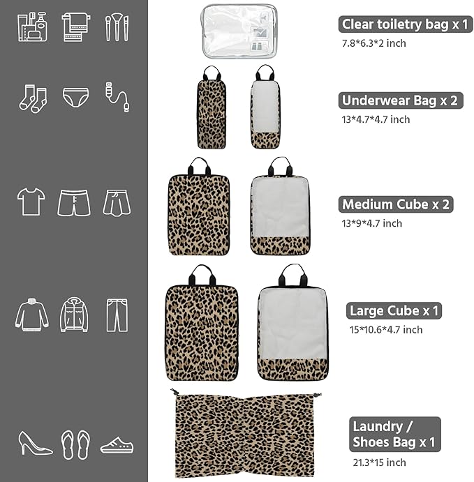 7 Pcs Compression Packing Cubes for Travel, Waterproof Suitcase Luggage Backpack Organizer with Toiletry Bag Travel Essentials for Women/Men-Leopard