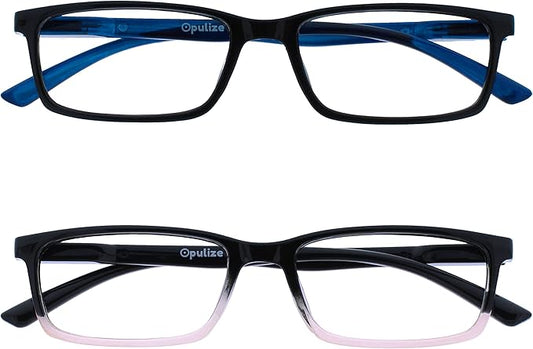 OPULIZE SEE Reading Glasses with Blue Light Blocking for Women and Men, Narrow Frame, Spring Hinges, Computer Gaming Glasses, Black,Black to Pink +1 (Pack of 2)