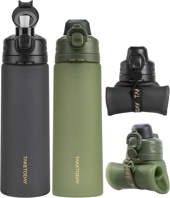 TakeToday Collapsible Water Bottles 20oz, Leak Proof, BPA-Free, Foldable Silicone Travel Water Bottle with Straw Strap for Cycling, Hiking, Outdoors