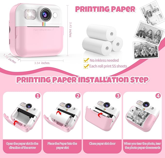 Instant Print Camera for Kids, Christmas Birthday Gifts for Girls Age 3-10, Toddler Toy for 3 4 5 6 7 8 9 10 Year Old Girls with 3 Roller Photo Paper (Pink)