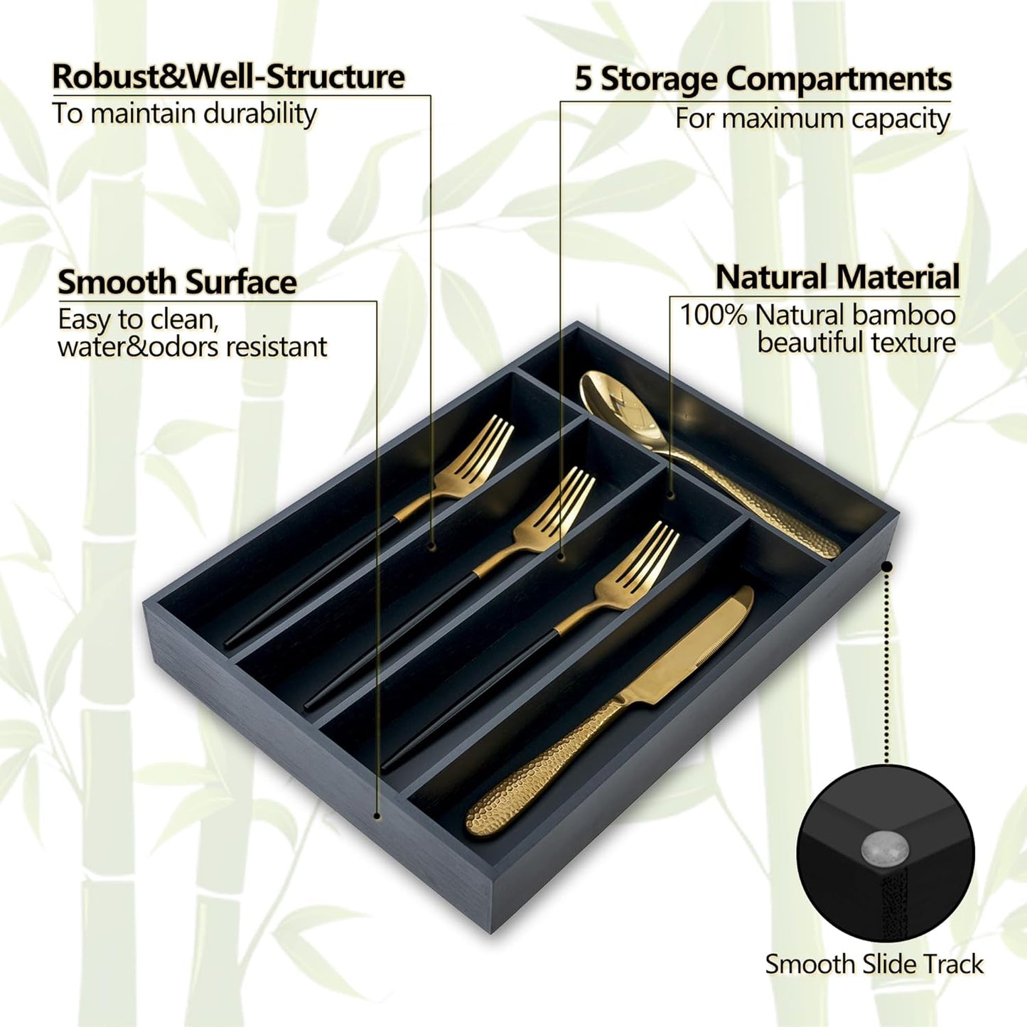 Silverware Organizer, 2 Pack 10 Inch Utensil Organizer Kitchen Drawer Organizer Bamboo Silverware Holder Cutlery Tray Organizer in Drawer Flatware Organizer Tray(5 slots, Black）