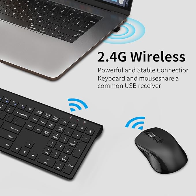 Keyboard and Mouse Wireless, Slim Full Size Keyboard with Calculator Button, Fn Lock, Silent Computer Mouse with Side Button, 2400 DPI, 2.4G USB Cordless Set for Laptop PC Windows Mac -Black