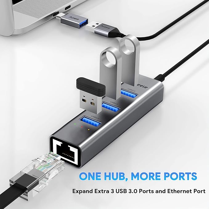 Aceele USB C to Ethernet Adapter, 3.3ft Long Cable, Aluminum USB-C Hub with 4 USB 3.0 Ports, Thunderbolt 3/USB-C to RJ45 Gigabit Ethernet LAN Network Adapter Multiport for MacBook Pro/Air, iPad Pro