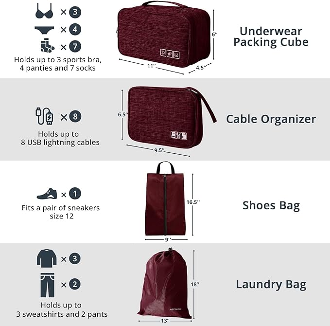 7 Set Compression Packing Cubes for Travel - Compressible, Lightweight, and Space-Saving Packing Cubes, Travel Essentials for Women, Wine