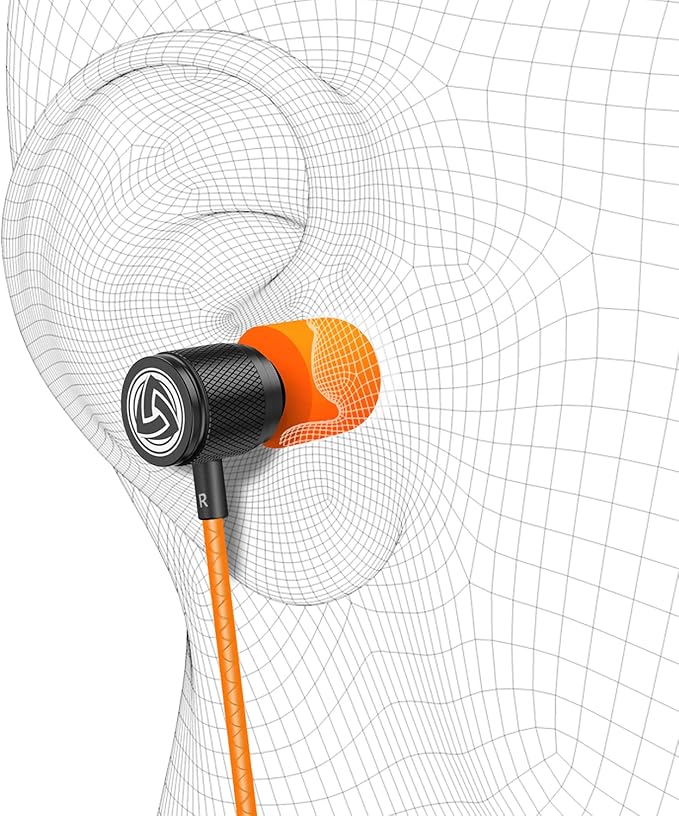 LUDOS Ultra Wired Earbuds in-Ear Headphones, 5 Years Warranty, Earphones with Microphone, Noise Isolating Ear Buds, Memory Foam for iPhone, Samsung, School Students, Kids, Women, Small Ears - Orange