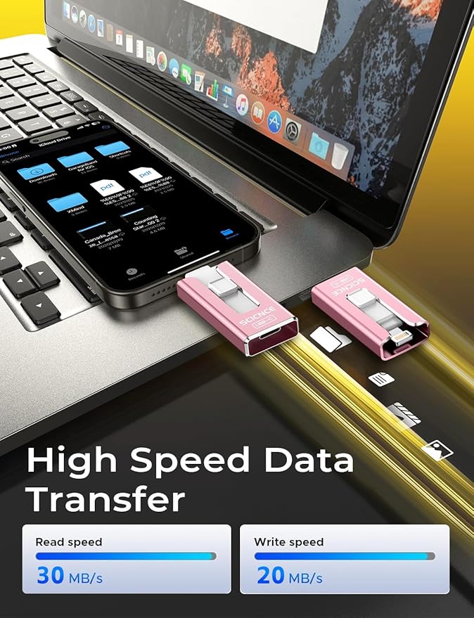 SCICNCE 256GB Flash Drive Intended for iPhone, USB Memory Stick Storage Backup for Photos Videos, Plug and Play No APP Required, Compatible with iPhone iPad Android and Computers (Pink)