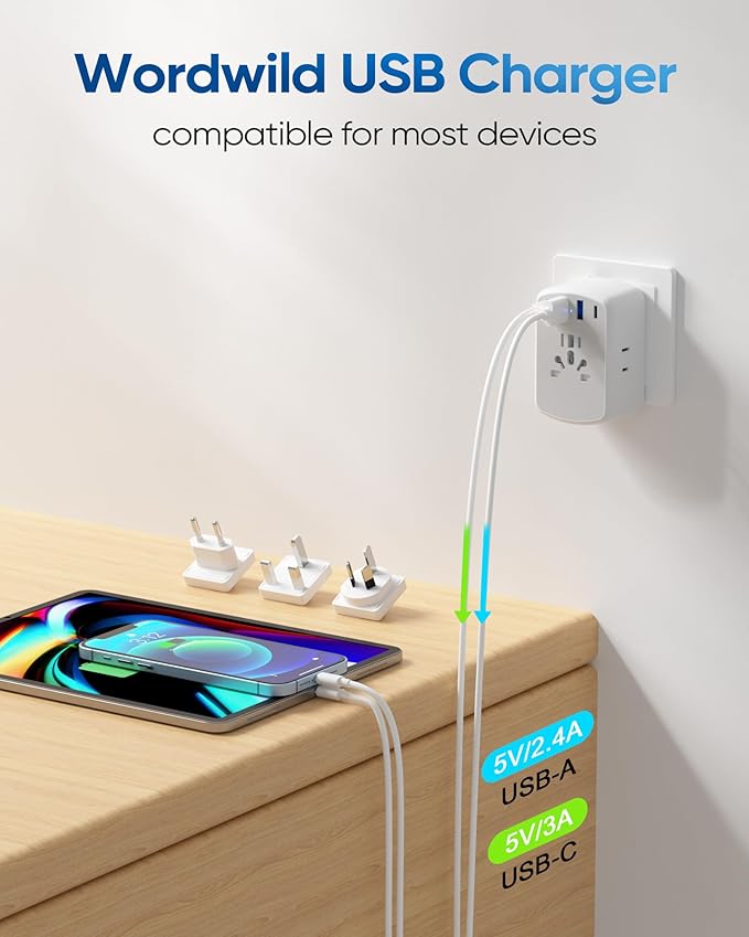 Universal Travel Adapter, Type A/C/G/I Plug Adapter, 5ft Detachable Extension Cord, 3 AC Outlets, 4 USB Ports (2 USB C), UK Europe Australia International Power Adapter