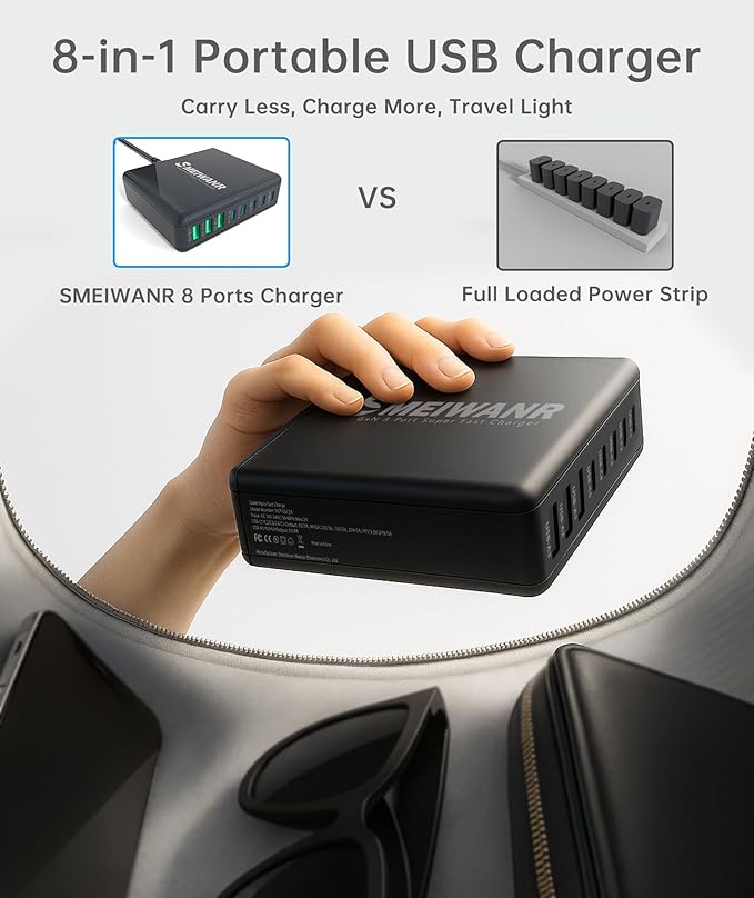 560W 8-Port USB C Charger Block, SMEIWANR Charging Station for Multiple Devices, Fast Charger GaN PD Compatible with MacBook, iPhone and Samsung etc. (Black)