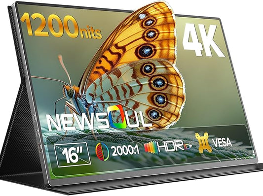 Newsoul Portable Monitor 4K 16" Laptop Monitor 1200Nits High Brightness, 2000:1 Contrast Fast IPS Matte Screen with VESA & Protective Case, Built-in USB-C HDMI Portable Screen for Phone Game Console