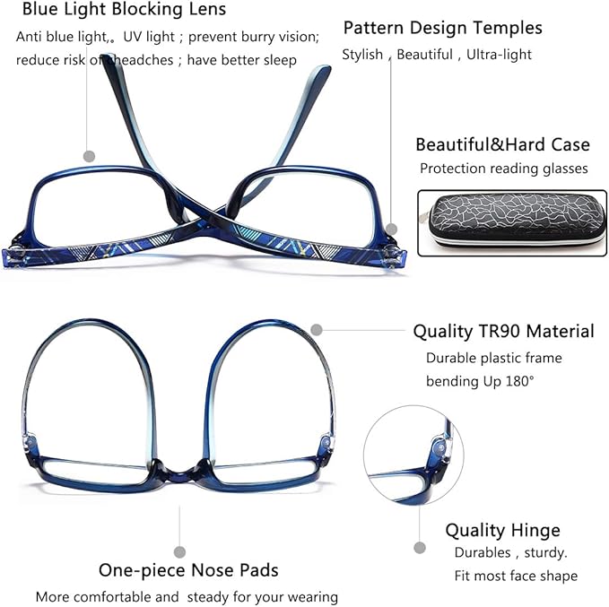 EYEURL Reading Glasses for Women, 2 Pack Blue Light Blocking Readers Lightweight Filter UV Ray/Glare Anti Eyestrain 0.75
