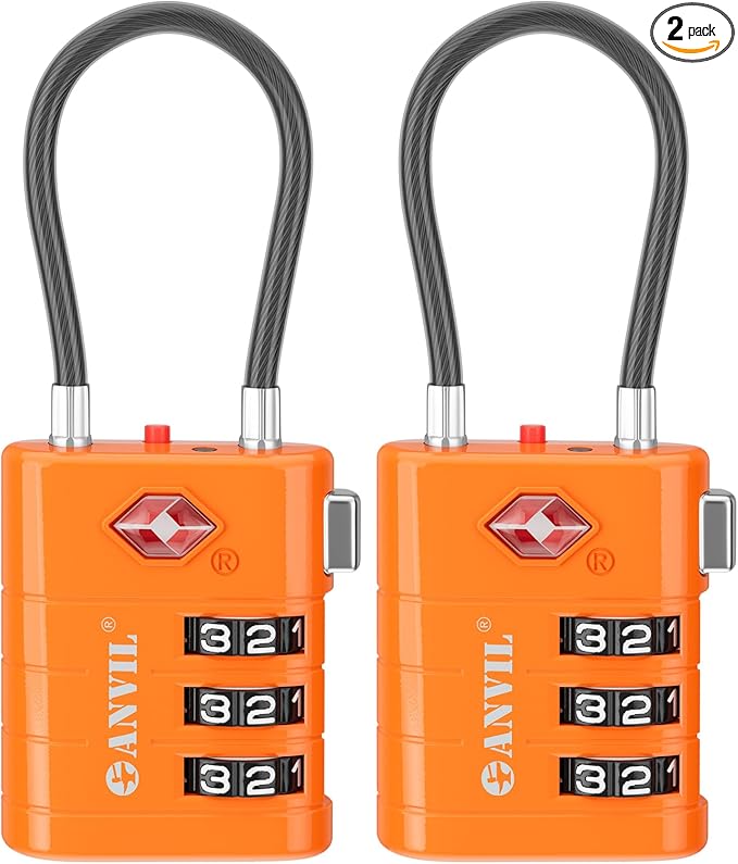 ANVIL TSA Approved Luggage Locks – High Security TSA008 Combination Travel Locks with Inspection Indicator for Suitcases and Backpacks. (2, Orange)