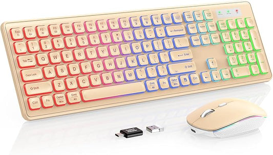 Wireless Keyboard and Mouse Combo - RGB Backlit, Rechargeable & Light Up Letters, Full-Size, Ergonomic Tilt Angle, Sleep Mode, 2.4GHz Quiet Keyboard Mouse for Mac, Windows, Laptop, PC
