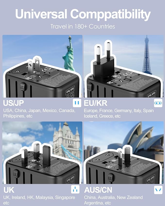 Universal Travel Adapter - GaN 65W Fast Charger - 3 USB C(Each/GaN 65W) & 1 USB A(PD 45W) Ports International Power Adapter - High Power Worldwide Travel Plug Adapter for Europe UK US AUS