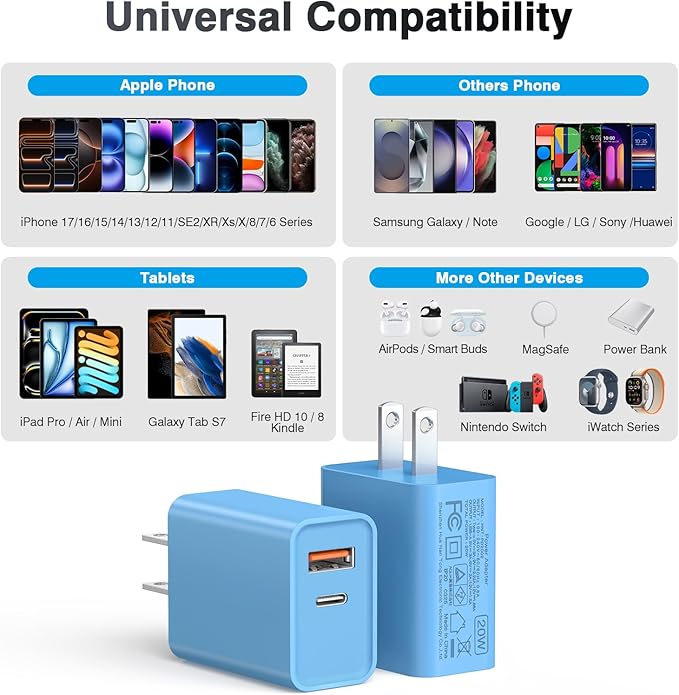 [20W/2Pack] Fast Charger Block, USB C Wall Charger, Charger Cube, Dual Port PD Fast Charging Block Brick Compatible for Watch Series 10 iPhone 16 17 Pro Max Airpod Brick Plug Power Adapter, Blue
