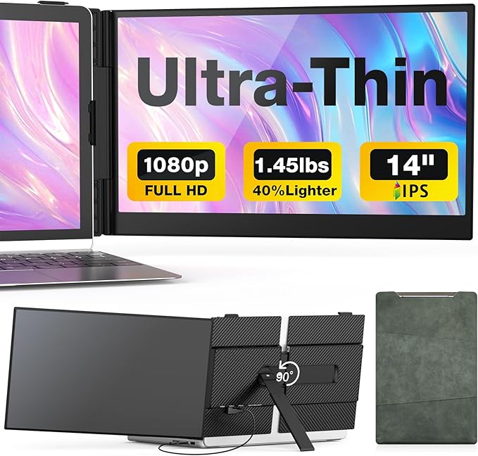 Laptop Screen Extender, 14-Inch Ultra-Thin & Lightweight, 1080P FHD Portable Travel Monitor, Plug & Play, Laptop Extended Monitor Portable for 13-17 Inch Laptops, Compatible with Win/Mac/Chrome/Linux