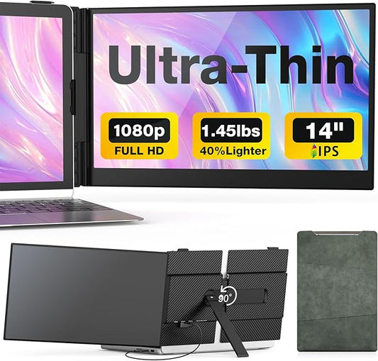 Laptop Screen Extender, 14-Inch Ultra-Thin & Lightweight, 1080P FHD Portable Travel Monitor, Plug & Play, Laptop Extended Monitor Portable for 13-17 Inch Laptops, Compatible with Win/Mac/Chrome/Linux