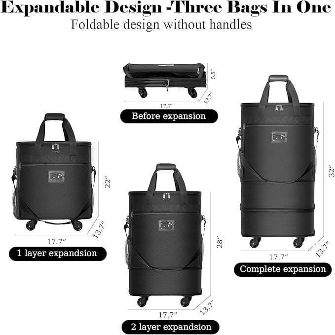 Suitcases with Wheels Expandable Luggage Bag Foldable Suitcase with 4 Universal Wheels Collapsible Rolling Travel Case Large Capacity Duffel Bag (Coffee)
