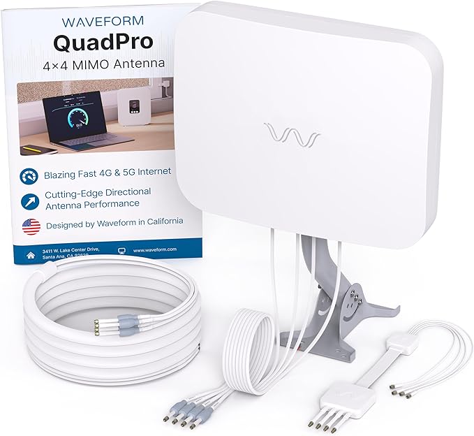 Waveform QuadPro 4x4 MIMO Signal Boosting Panel Antenna Kit | External Antenna for 4G/5G Routers & Gateways | for T-Mobile Home Internet, Verizon, AT&T (Complete Kit w/ 20' Cable & Window Entry)
