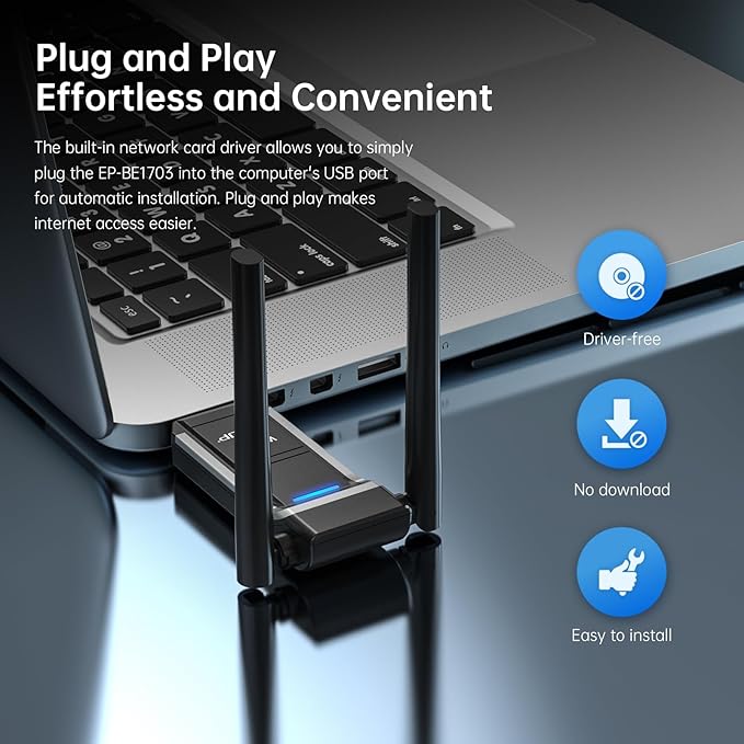 EDUP USB WiFi 7 Adapter BE6500 Wireless Network Card IEEE 802.11be Tri-Band 6GHz/5GHz/2.4GHz for Desktop PC Laptop, Wireless Netword Card for Gaming, Compatible with Windows 11/10