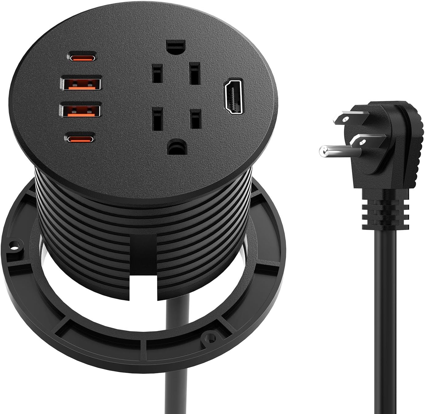 QBA Recessed Power Grommet with 35W USB C, 3-inch Flush Mount Desk Power Outlet, 2 Outlets, 4 USB Ports, 1 HDMI Port, for Furniture Cabinet Home Office, ETL Listed