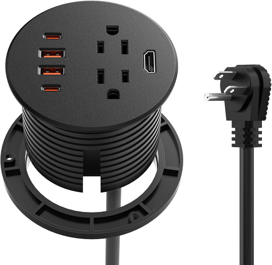 QBA Recessed Power Grommet with 35W USB C, 3-inch Flush Mount Desk Power Outlet, 2 Outlets, 4 USB Ports, 1 HDMI Port, for Furniture Cabinet Home Office, ETL Listed