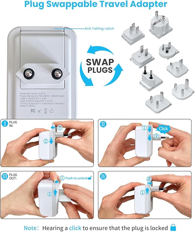 VINTAR Universal Travel Adapter Kit, International Power Adapter with 3 USB Ports(2 USB C) and 2 AC, Type A,B,C,D,E/F,G,I,M Detachable Attachments, Adapter for India/South Africa/Europe/UK