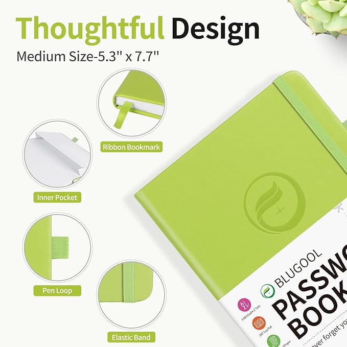 Password Book with Alphabetical Tabs, Password Keeper Book for Seniors, Hardcover Password Notebook for Individual & Colorful Tabs, Password Organizer for Website Logins, 5.3" x 7.7", Grass Green