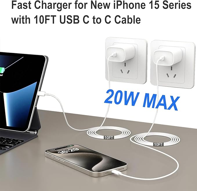 iPhone 15 Charger Fast Charging, 20W USB C Charger Block Plug Brick 10FT USB C to USBC Cable Cord Compatible with iPhone 15/15 Pro/15 Pro Max/15 Plus, iPad Pro 12.9/13/11inch,iPad Mini 6,iPad Air 4/5