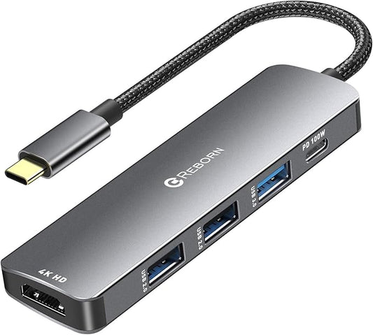 Reborn USB C Hub 5-in-1 for MacBook Pro/Air, 4K HDMI Multiport Adapter with 100W Power Delivery, 3*USB A Data Ports, USBC Dongle for Dell, HP, ASUS, Acer and Other Type C Laptops