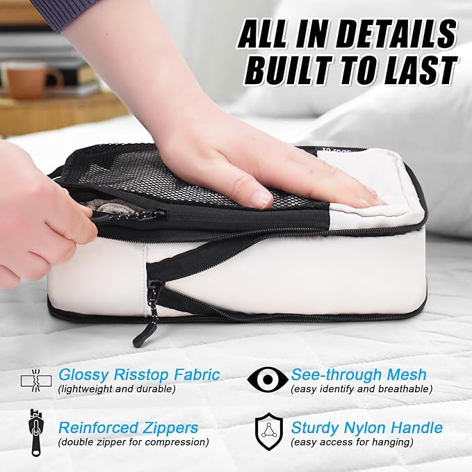 4 PCS Set Compression Packing Cubes for Travel, Lightweight Packaging Organizer Bags for Carry On Space Saving, Travel Essentials Cubes for Suitcase Backpack, Beige