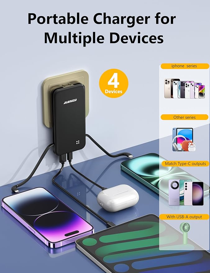 Alongza Portable Charger Built-in Cables and AC Wall Plug, Slim Fast Charging Power Bank 10000mAh, Lightweight USB C External Battery Pack Compact Travel Cell Phone Charger, 2 Pack Black & White