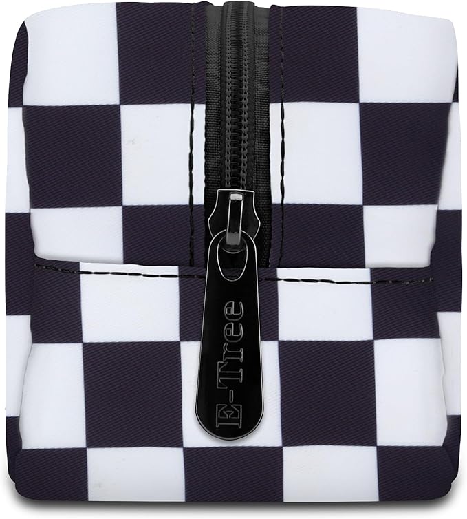 E-Tree Cute Makeup Bag,Medium Travel Make up Pouch for Purse,Zipper Toiletry Cosmetic Brush Skin Care Case for Women Man,Tech Electronic Organizer,Small Canvas Storage for Personal Items,Checkered