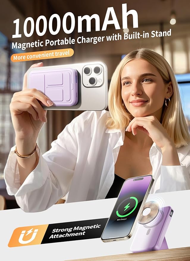 Magnetic Power Bank, 10000mAh Wireless Portable Charger with 20W USB-C Fast Charging, Foldable Stand & LED Display Battery Pack, Compatible with iPhone 16/15/14/13/12, Light Purple