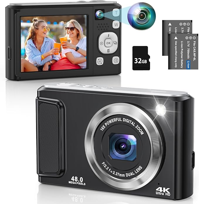 4K Digital Camera for Photography with Front and Rear Lens,48MP Autofocus Vlogging Camera with Flash,Anti-Shake & 16X Zoom for Teens,Adults