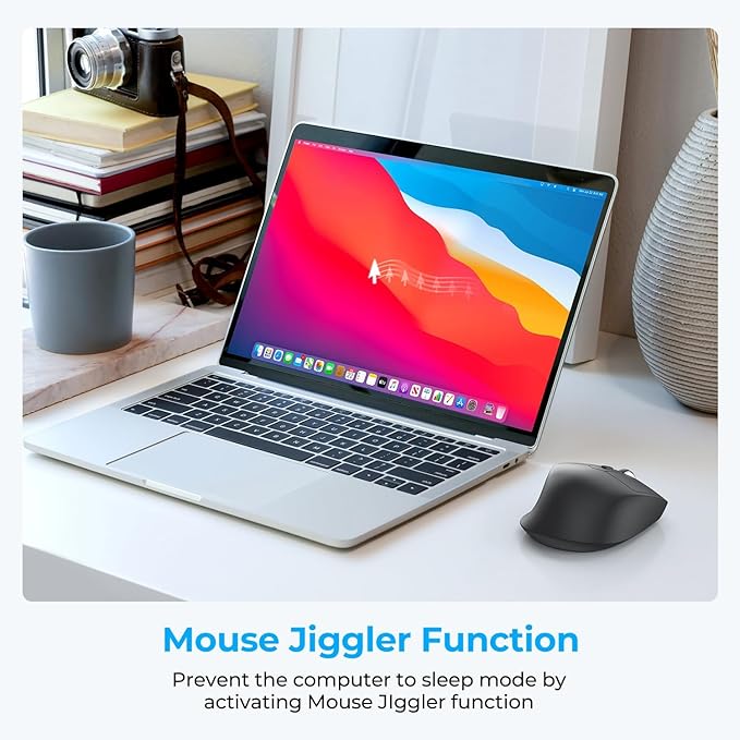 iClever MD360 Ergonomic Bluetooth Mouse with Mouse Jiggler, Wireless Rechargeable Mouse for 3 Devices (BT/2.4G), 4 DPI Settings, Compatible with iPad, Mac, PC