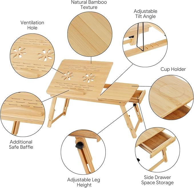 Bamboo Laptop Desk, Folding Adjustable Lap Tray Table with Drawer, Portable Lap Desk for Working, Reading, Breakfast on Sofa, Couch, or Floor