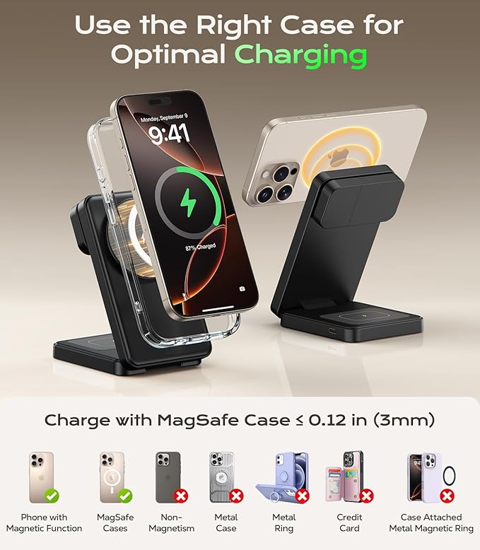 3 in 1 Magnetic Charging Station, 15W Fast Wireless Charger Compatible with MagSafe Charger Stand for iPhone 17 16 15 14 13 12, Apple Watch Charger & AirPods, Foldable Travel Charging Dock, Black