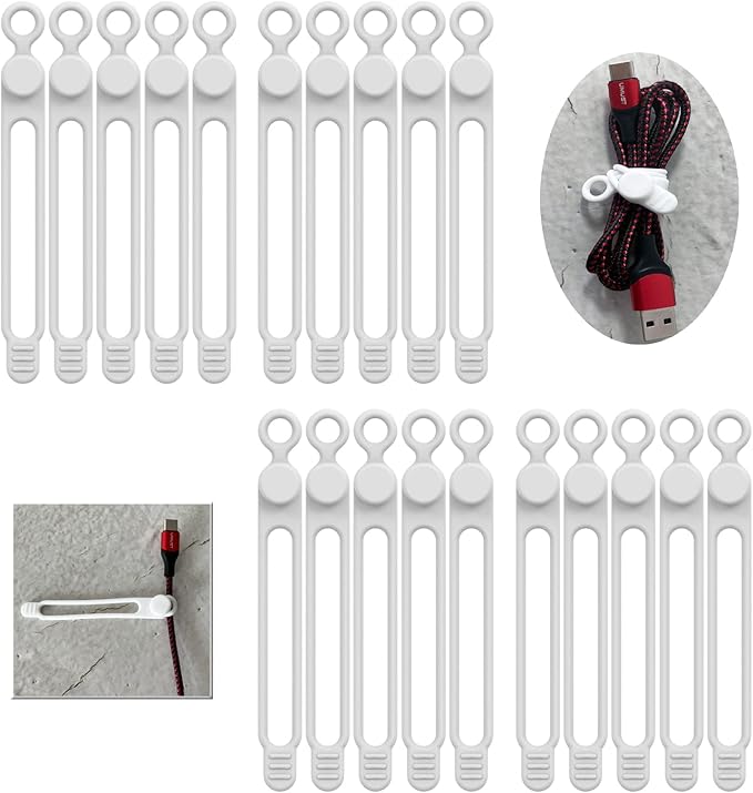 [20Park]UMUST Silicone Cable Ties, Reusable Cable Management Organizer,Cable Straps,Cord Ties,Multipurpose Elastic Cord Organizer for Bundling and Fastening Cable Cords Wires(white)