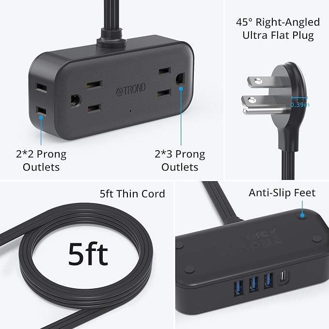 TROND Travel Power Strip with USB Ports, 5ft Flat Plug Extension Cord with Multiple Outlets, Small Wall Mount Extender Adapter for Office Dorm Room Essentials, Black