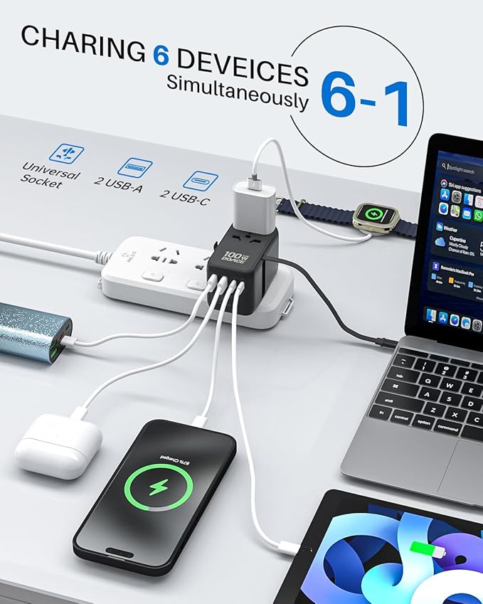 DOACE Universal Travel Adapter, 100W GaN 3.0 European Travel Plug Adapter with Built-in USB-C Cable, 6 in 1 International Power Adapter with 5 USB Ports for EU/UK/USA/AUS(Black)