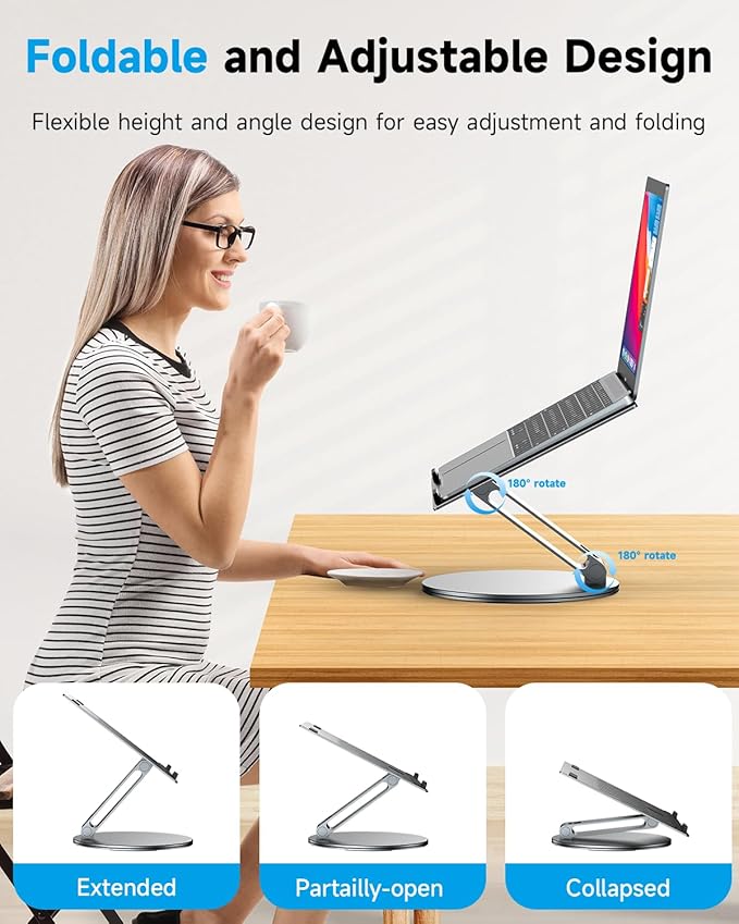 Adjustable Laptop Stand for Desk, 360° Rotating Aluminum Computer Stand with Cooling Vents, Ergonomic & Foldable Notebook Riser, Compatible with MacBook Pro Air, Dell XPS, HP 10-16″ - Gray