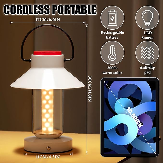 Metal Cordless Table Lamp, Portable LED Rechargeable Lamp, Touch Dimming Battery Powered Small Night Light for Outdoor/Indoor Bedroom, Bar, Coffee Shop, Restaurant, Camping Light - White