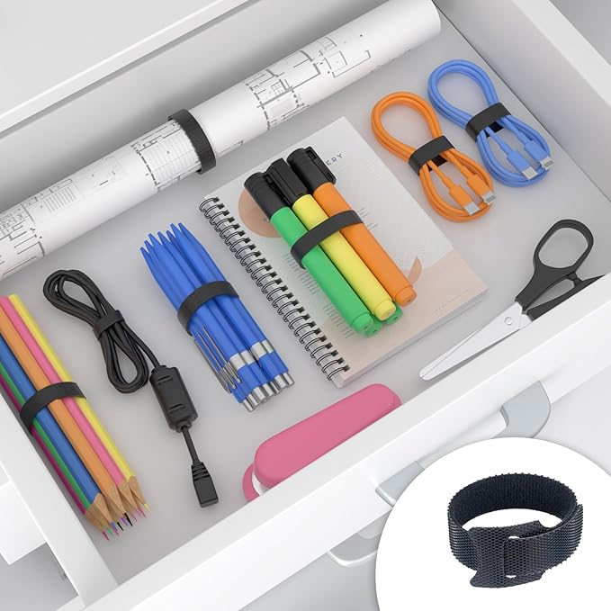 60PCS 8 Inch Reusable Cable Ties Black, Adjustable Cable Straps, Cable Tie Management, Cable Tidy for Desktop Charging Cables, Home and Office