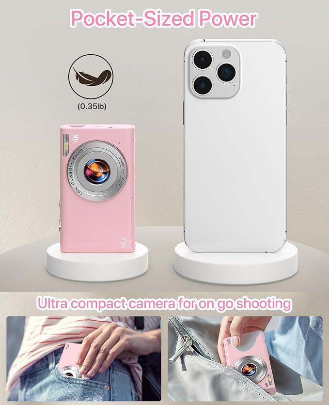 Digital Camera, 4K Vlogging Camera for YouTube Autofocus Cameras for Photography with 16X Digital Zoom, 48MP Compact Point and Shoot Digital Camera for Teens Adult with 32GB SD Card, 2 Batteries-Pink