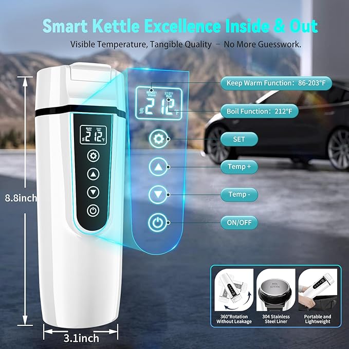 Car Electric Kettle for Travel : FVPE 12V/24V Small Electric Water Kettle, Multi-Temp Control 400 mL Portable Car Water Boiler for Brewing Coffee Tea,LCD Display 304 Stainless Steel Truck Heating Cup
