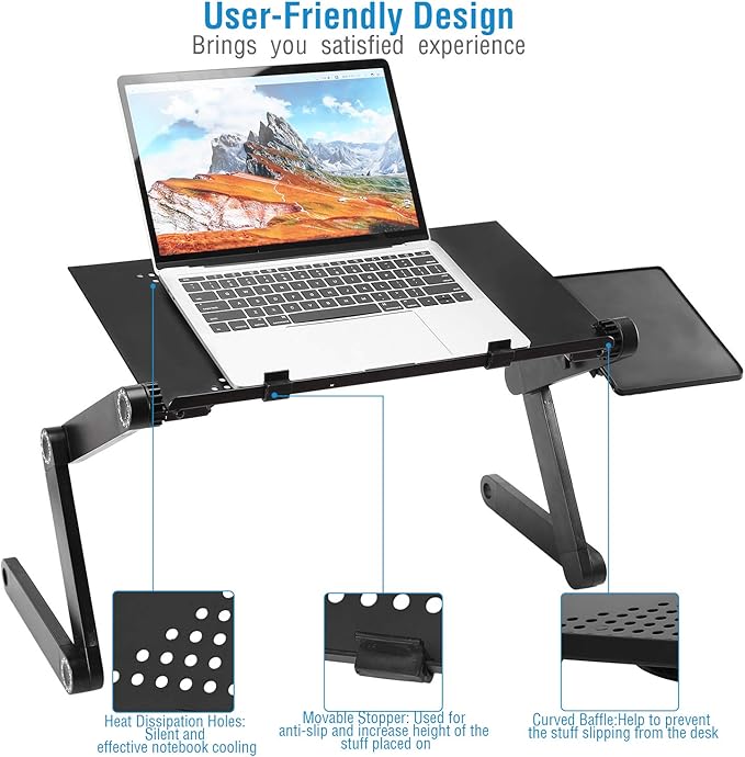 Adjustable Laptop Table Foldable Notebook Desk Laptop Riser Stand Aluminum Alloy Holder with Mouse Board Breakfast Snacking Tray for Home Office Travel
