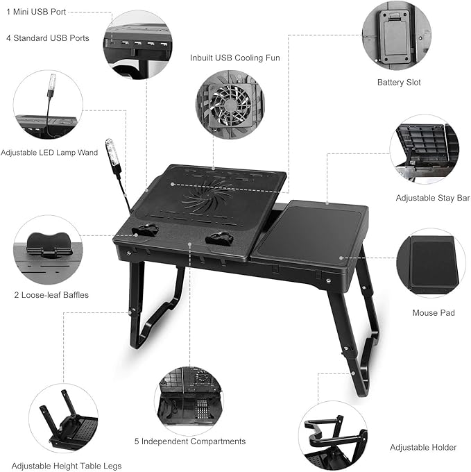 Foldable Laptop Bed Tray Desk Adjustable Lap Table Notebook Desk with Cooling Fan Mouse Board USB Ports LED Light Laptop Stand for Bed Sofa Couch