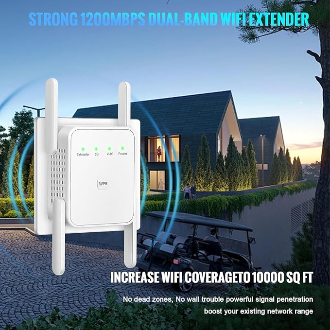 WiFi Extender Signal Booster-WiFi Booster 1200Mbps Dual Band (5GHz/2.4GHz) 360 Full CoverageUp to (10000 sq.ft) and 35 Devices 1-Tap Setup, WiFi Repeater with Ethernet Port(White)