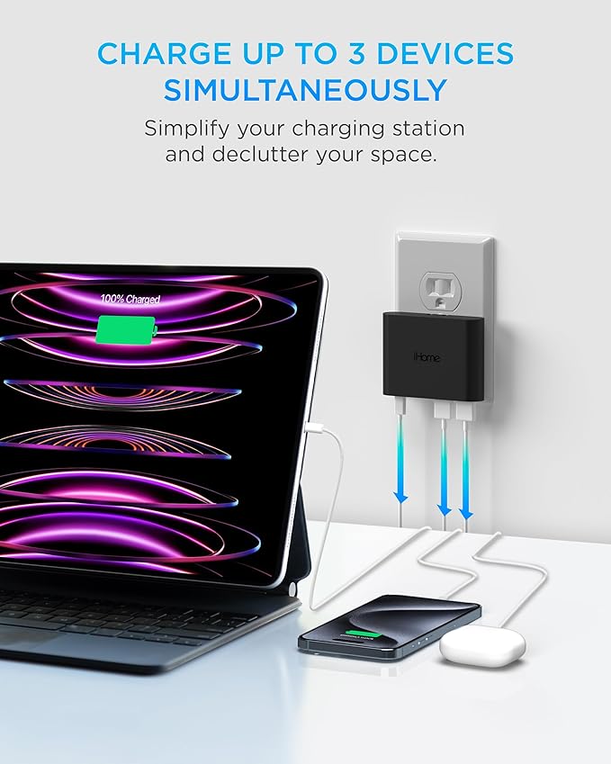 iHome 32W AC Pro Multi Port USB Wall Charger Block - Charging Station for Multiple Devices with 3 Ports (1 USB-C, 2 USB-A) - Fast Charging, Universal Compatibility (Black)