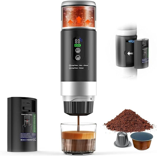 Portable Espresso Machine with Removeable Battery, 20 bar Mini Travel Coffee maker, Expresso Coffee Maker with USB-C,3-in-1 Car Coffee Maker Self-Heating, Ground Coffee & Capsule(Ns&DG)